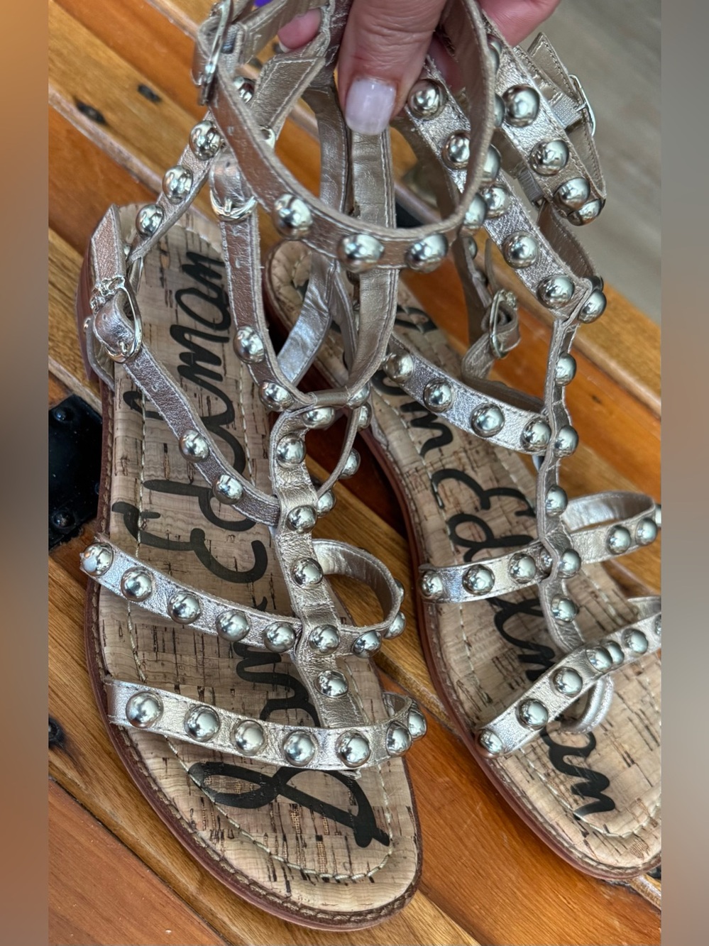 Sam Edelman Eavan Gold Leather Studded Gladiator Sandals - Picture 7 of 12